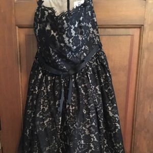 Black lace/nude strapless homecoming dress